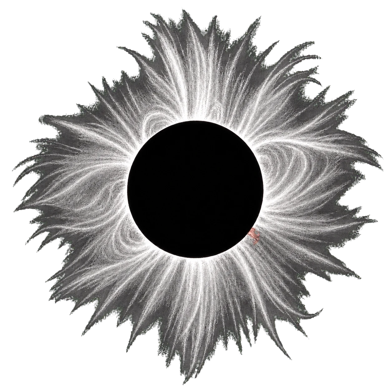Hand-drawn total solar eclipse with the dark Moon surrounded by the solar corona.